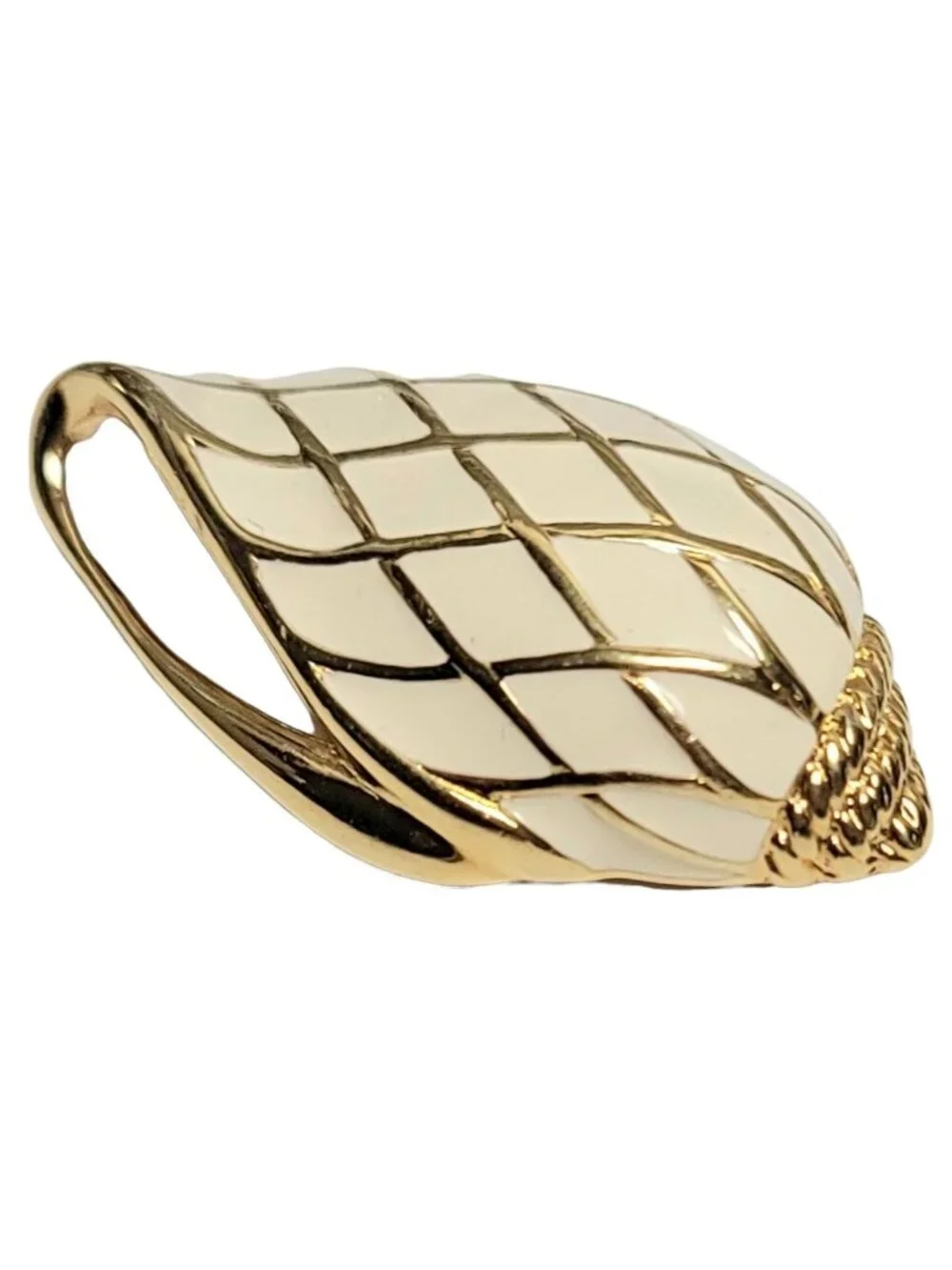 Trifari 1980s Cream And Gold Seashell Enamel Pin Brooch, Signed